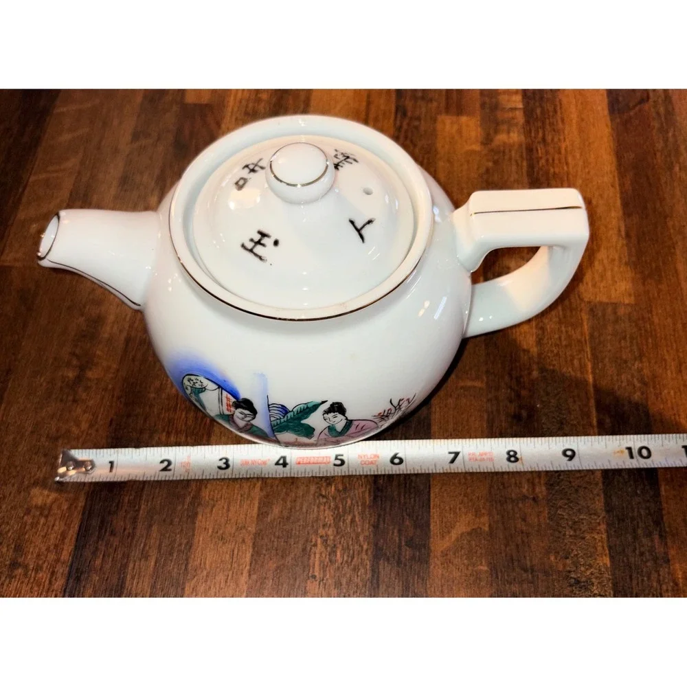 Vintage Geisha Porcelain Teapot Gold Trim Hand Painted Calligraphy Made in Japan